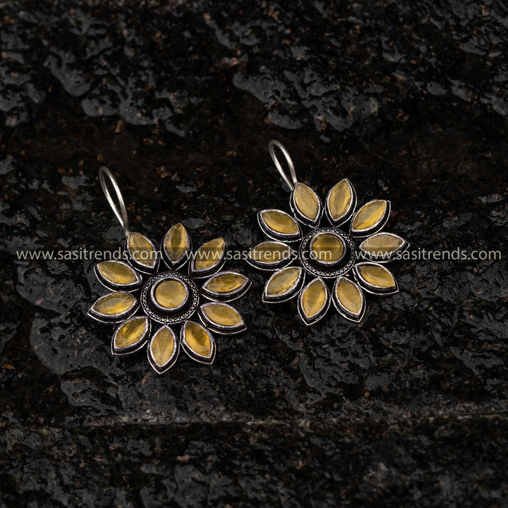 Yellow Floral Oxidised Earrings, Navarathiri Festival Elegance