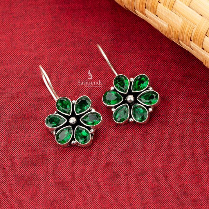 emerald green floral oxidised earrings fish hook pattern elegance sasitrends