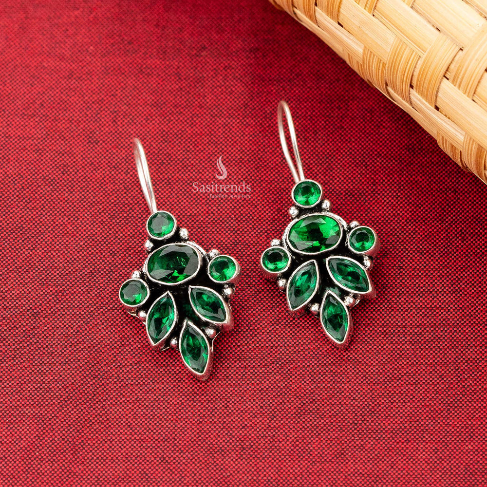 Oxidised Silver Earrings with Emerald Green Stones in a Multi-Leaf Cluster