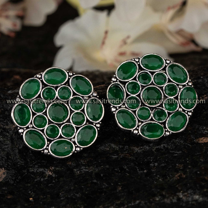 Emerald Green Stone Oxidised Earrings for Stylish Evenings