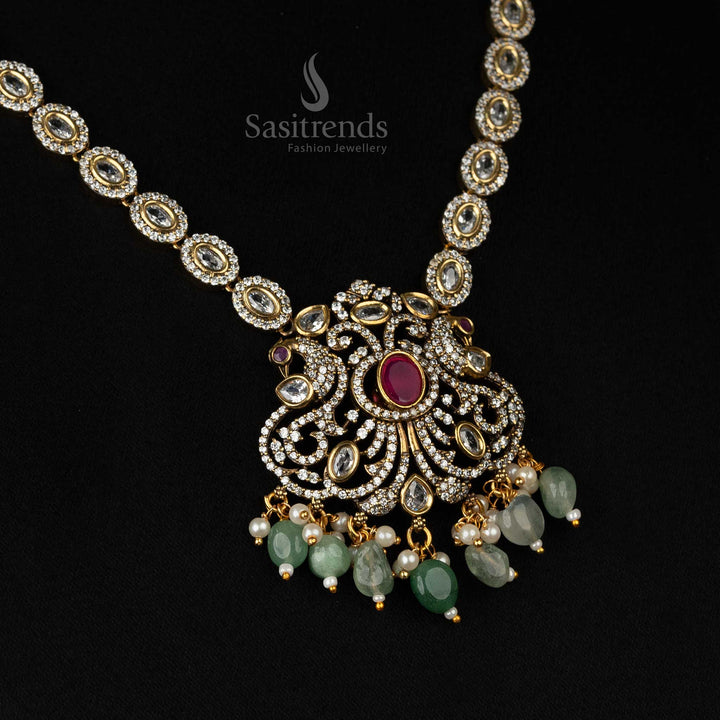 Elegant matte gold plated necklace set with ornate pendant, American Diamonds, and pearl bead danglers – Sasitrends