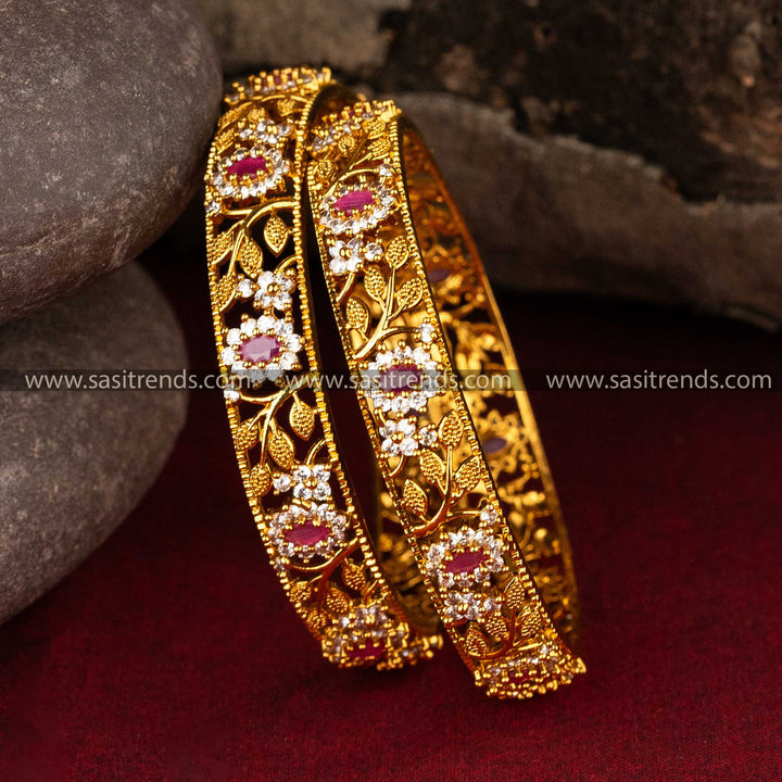 Sasitrends - Exquisite Floral Pattern Matte Gold Plated Bangles with Oval Stones