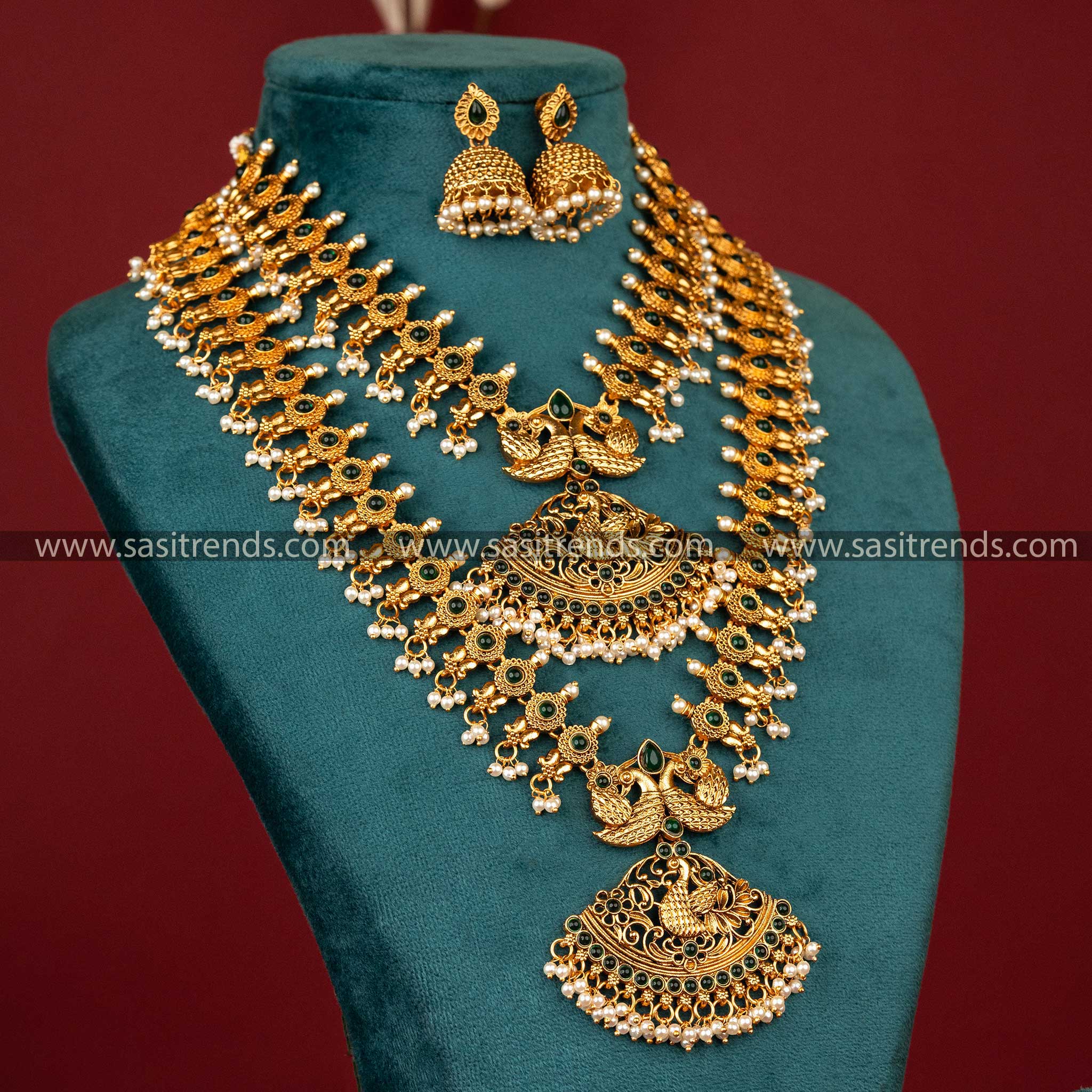 exquisite-matte-gold-plated-temple-peacock-combo-jewellery-set-green