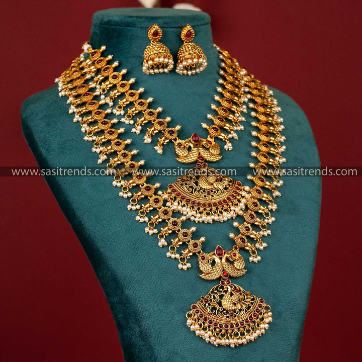 Sasitrends | Classic Matte Gold-Plated Temple Peacock Combo Short and Long Haram Jewellery Set