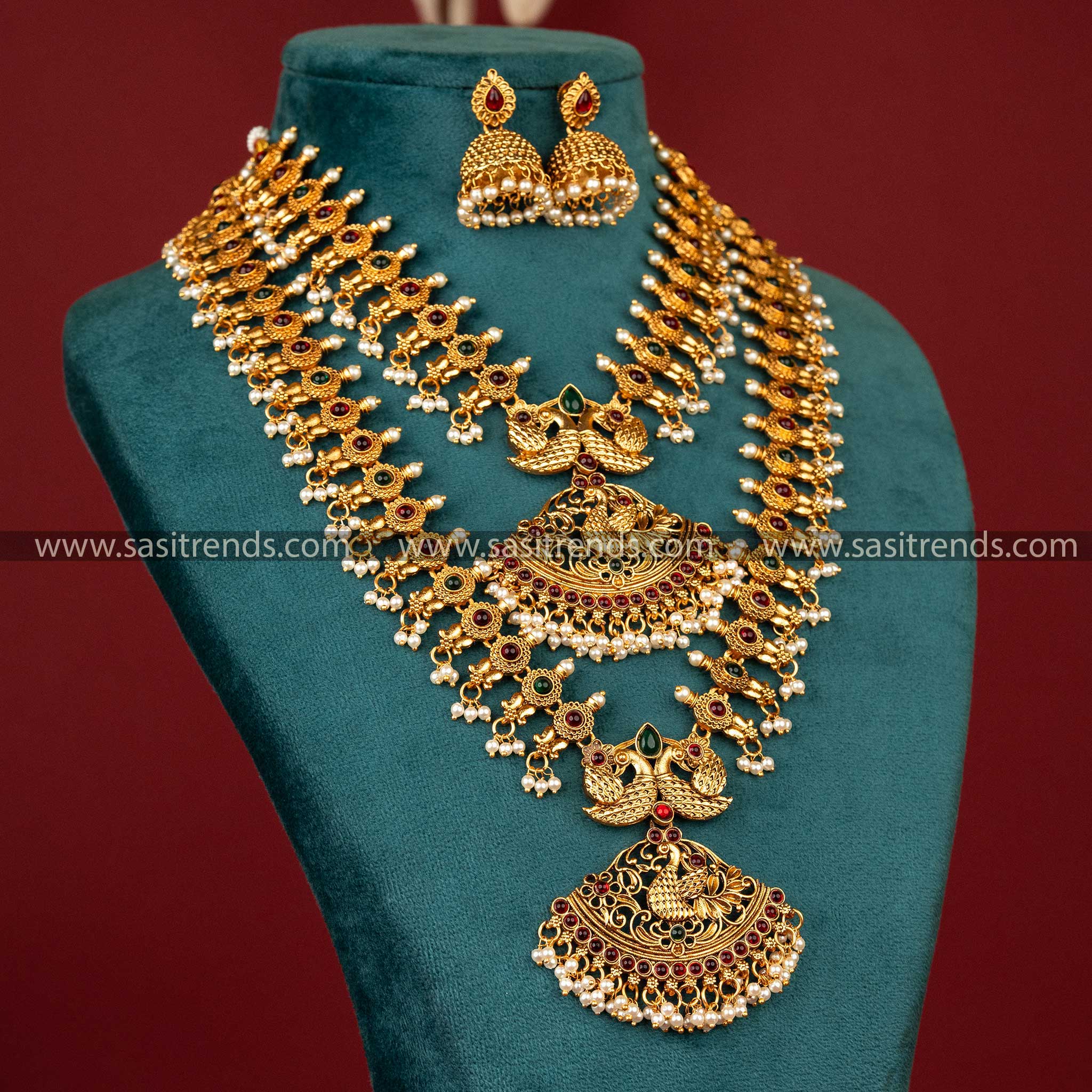 exquisite-matte-gold-plated-temple-peacock-combo-jewellery-set-ruby_Green