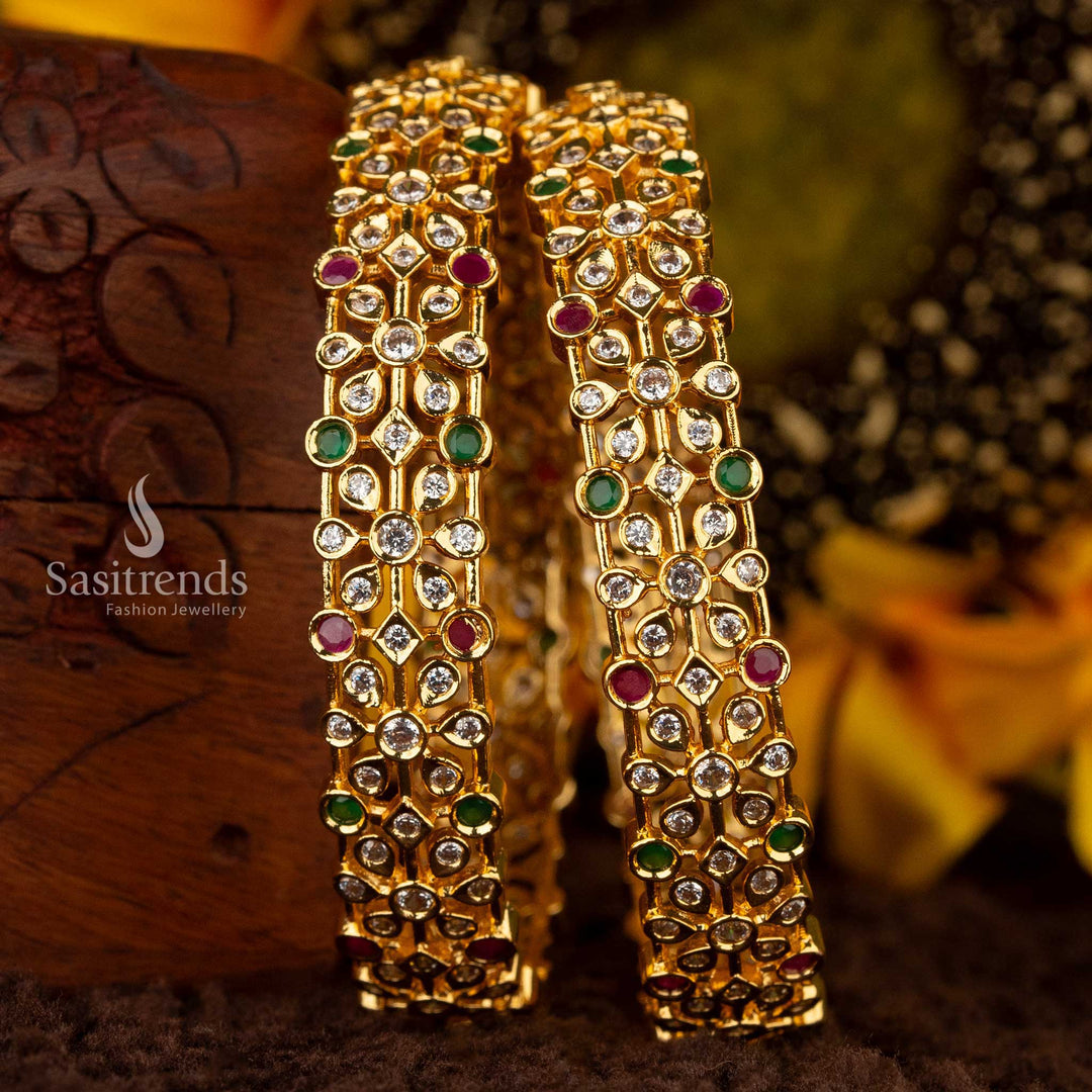 Micro gold-plated Temple bangle with intricate lattice design and multi-color American Diamonds - Sasitrends