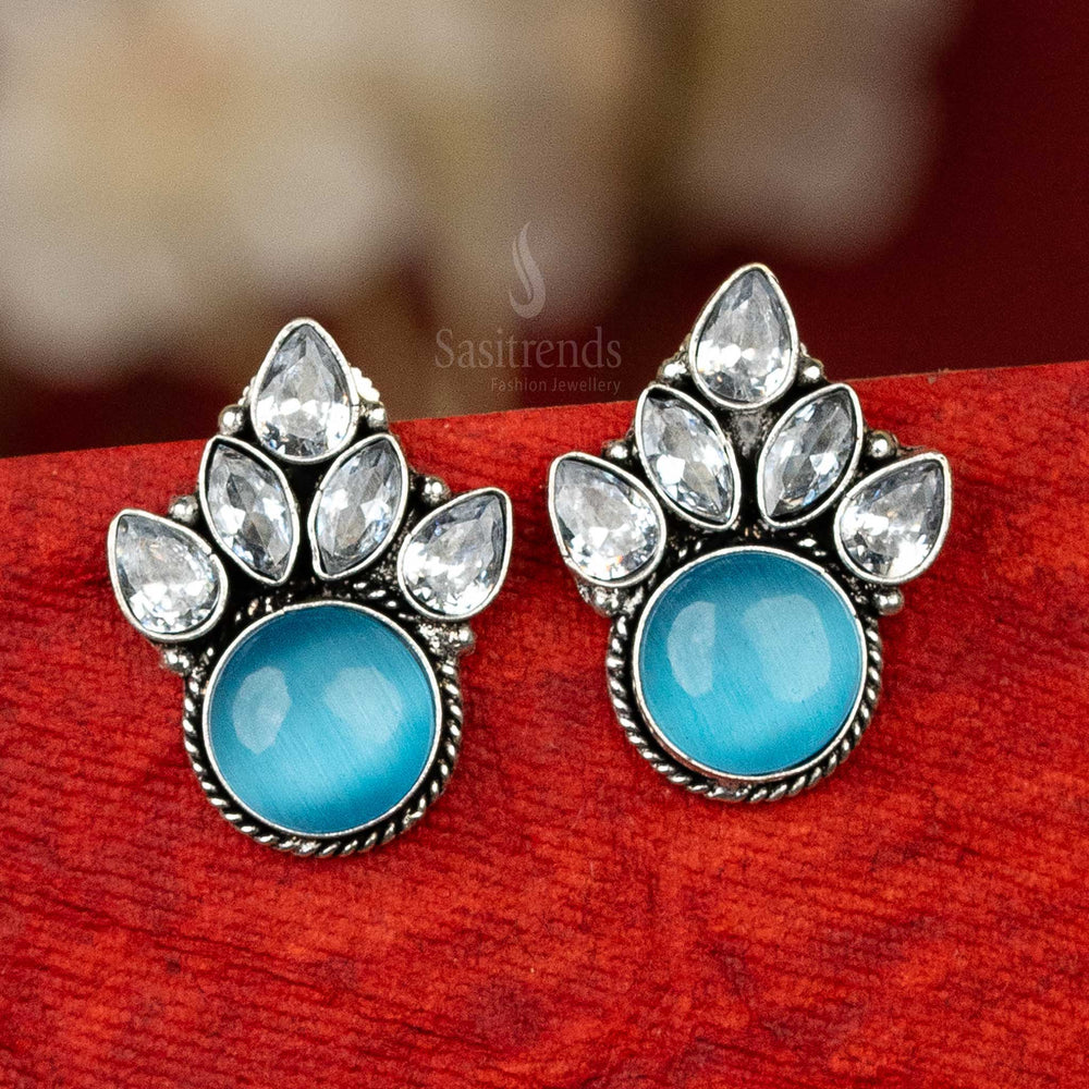 Fashion oxidised silver earrings with blue cabochon stone