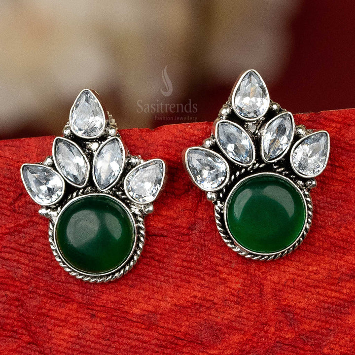 Fashion oxidised silver earrings with green cabochon stone