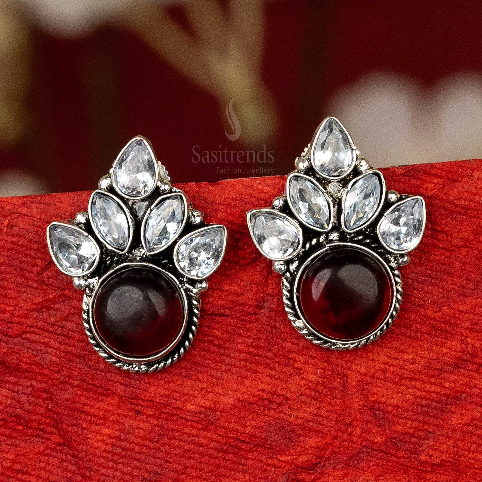 Fashion oxidised silver earrings with maroon cabochon stone