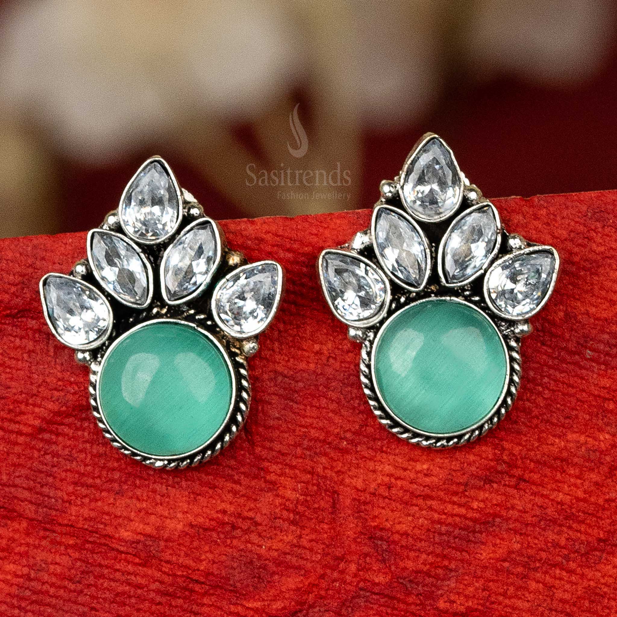 Fashion oxidised silver earrings with mint cabochon stone