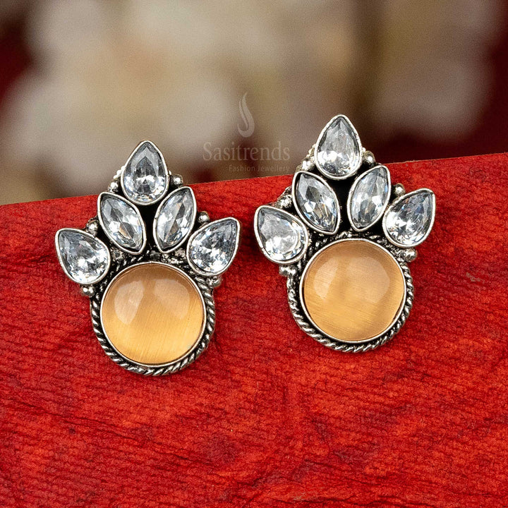 Fashion oxidised silver earrings with peach cabochon stone