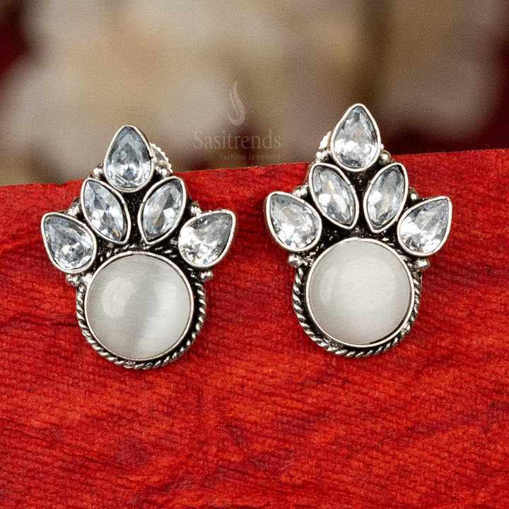 Fashion oxidised silver earrings with white cabochon stone