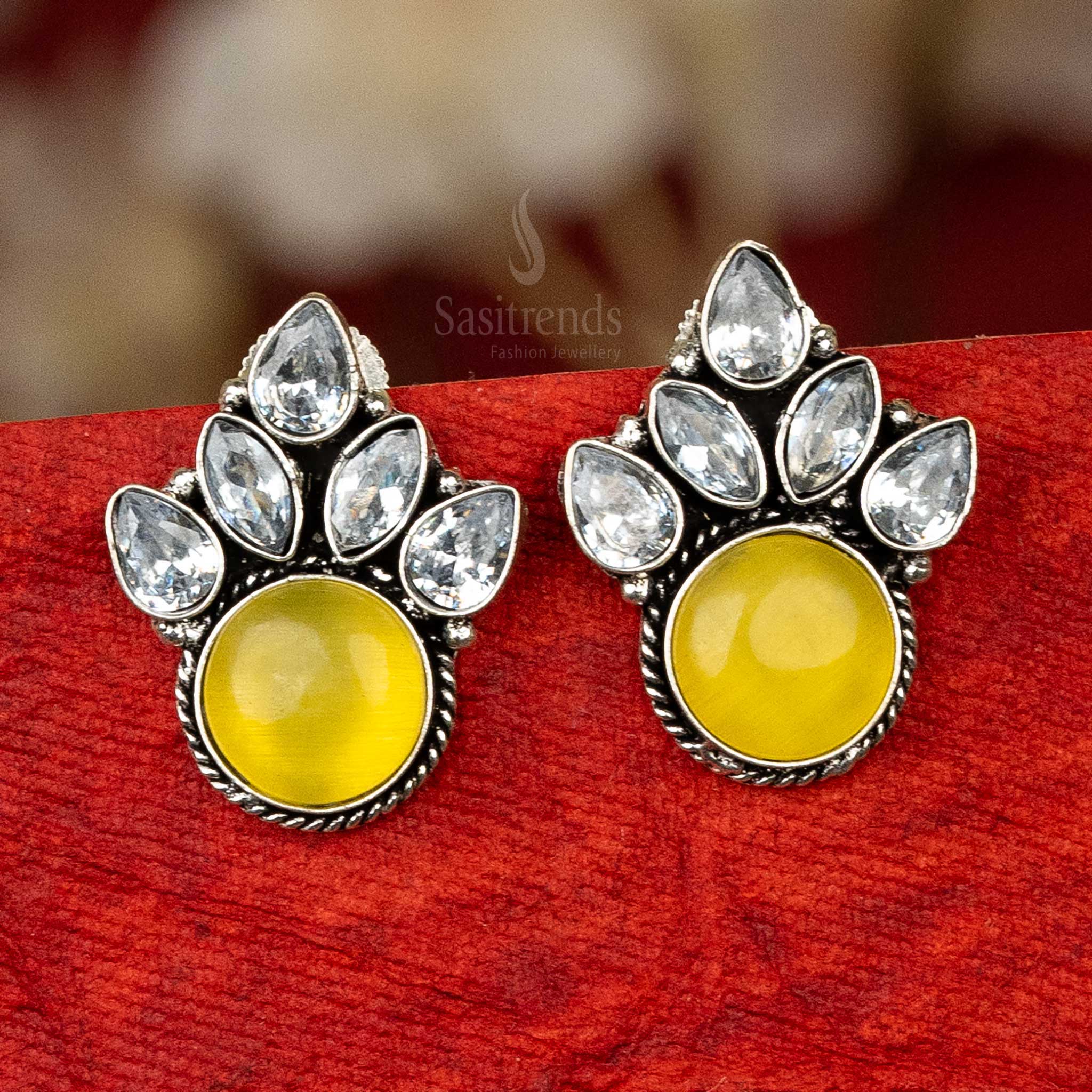 Fashion oxidised silver earrings with yellow cabochon stone