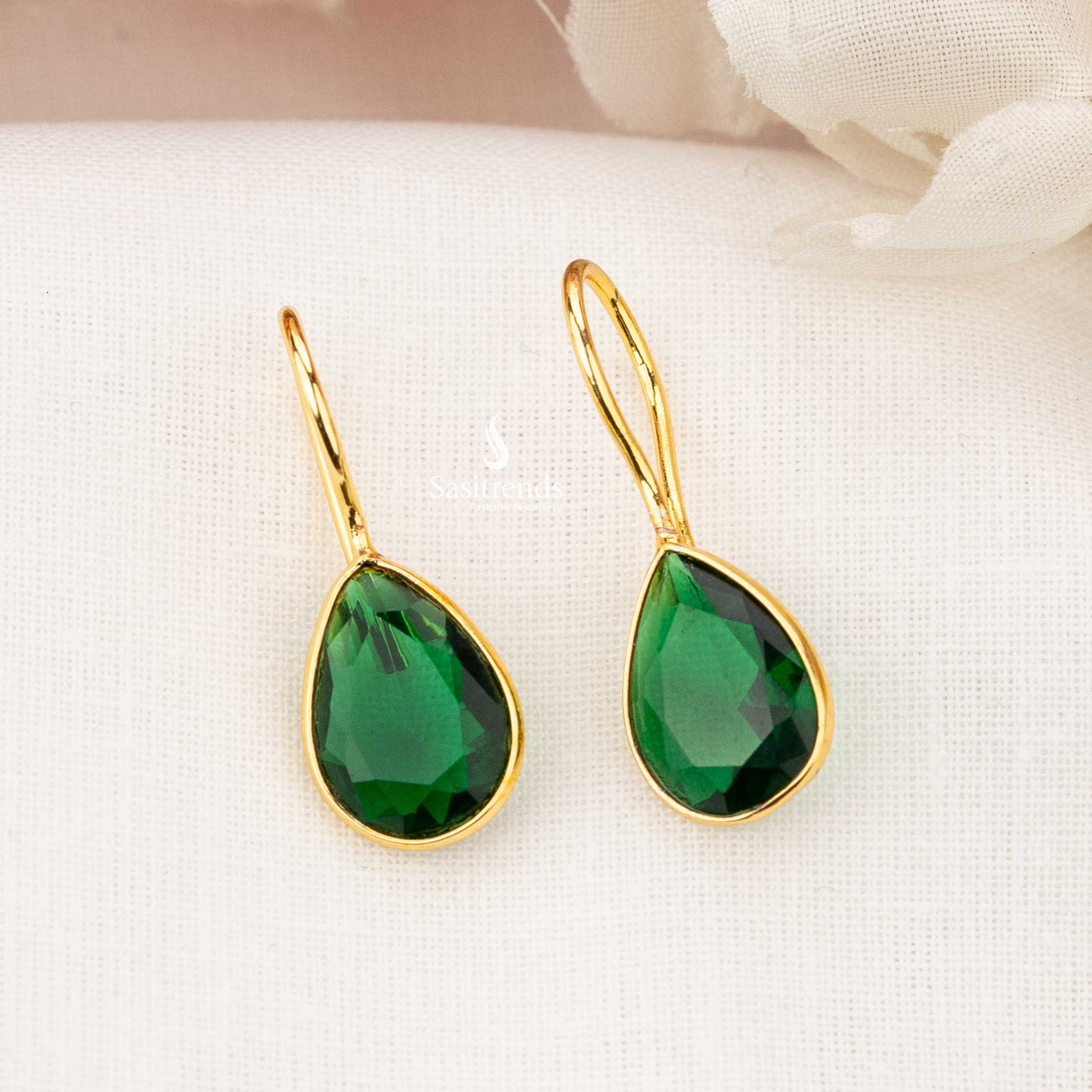 Aurora Gold Plated Dark Green Raindrop Earrings, Evening Party Wear