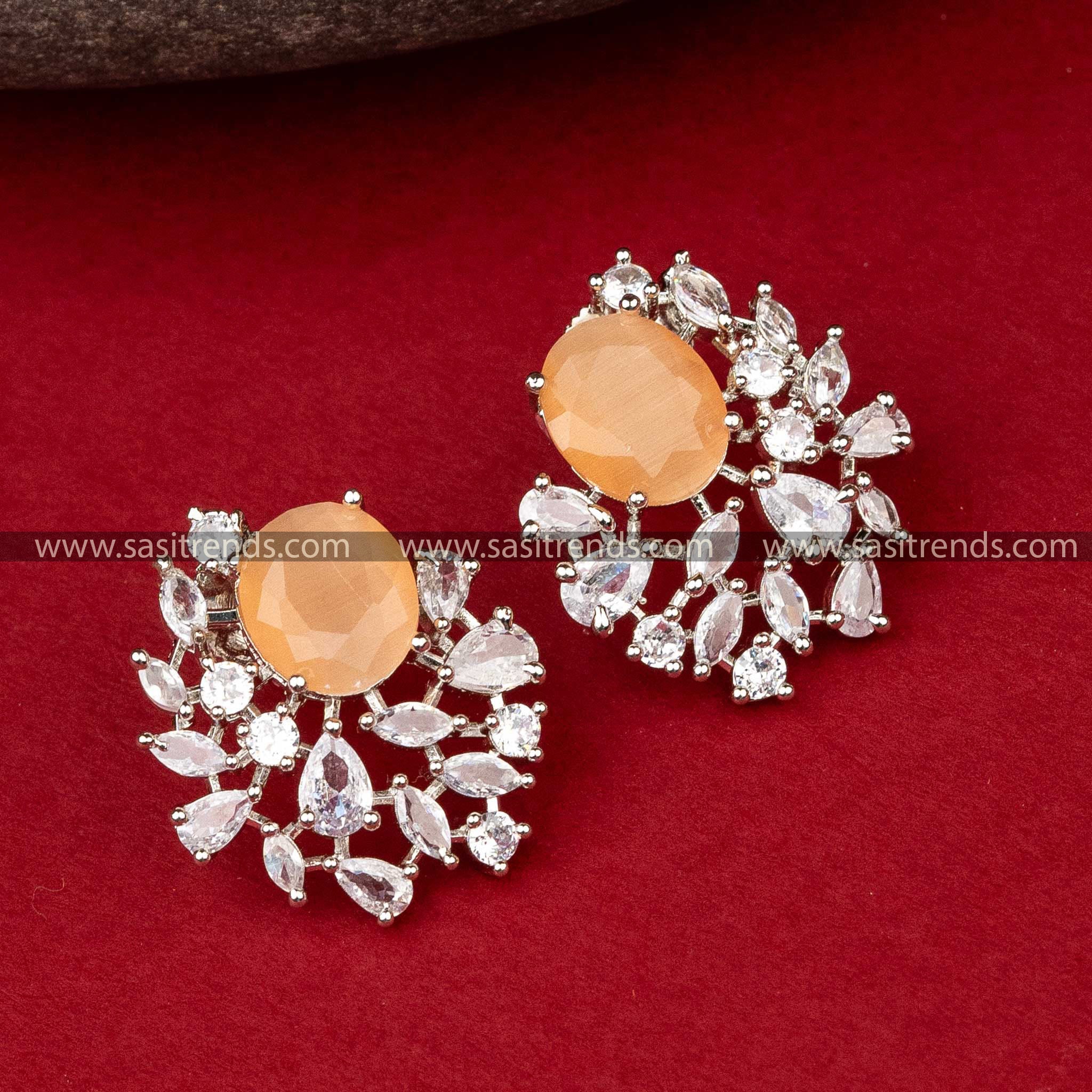 Fashionable Peach American Diamond Earrings Sasitrends Online Shopping