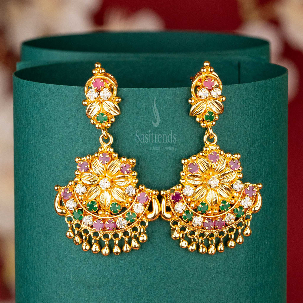 Festive Multi-Color Gold Plated Dangling Earrings with Floral and Leaf Patterns, Embellished with AD Stones – Perfect for Special Occasions