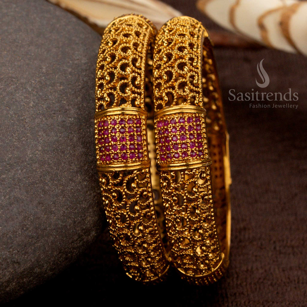 Premium Temple Matte Gold Plated Bangles with Filigree Cutwork and AD Stones - Sasitrends