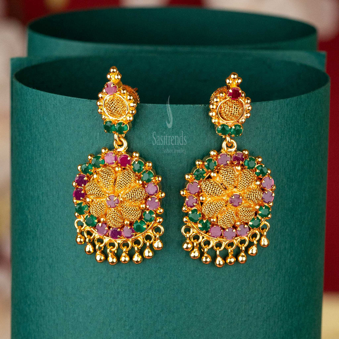 Ruby-Green Guaranteed One Gram Gold Plated Floral Earrings