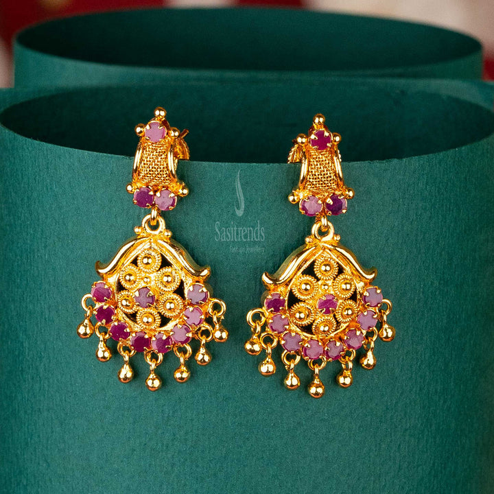 Floral Drop Ruby Earrings with AD Stones and Golden Balls – One Gram Micro Gold Plated Sasitrends