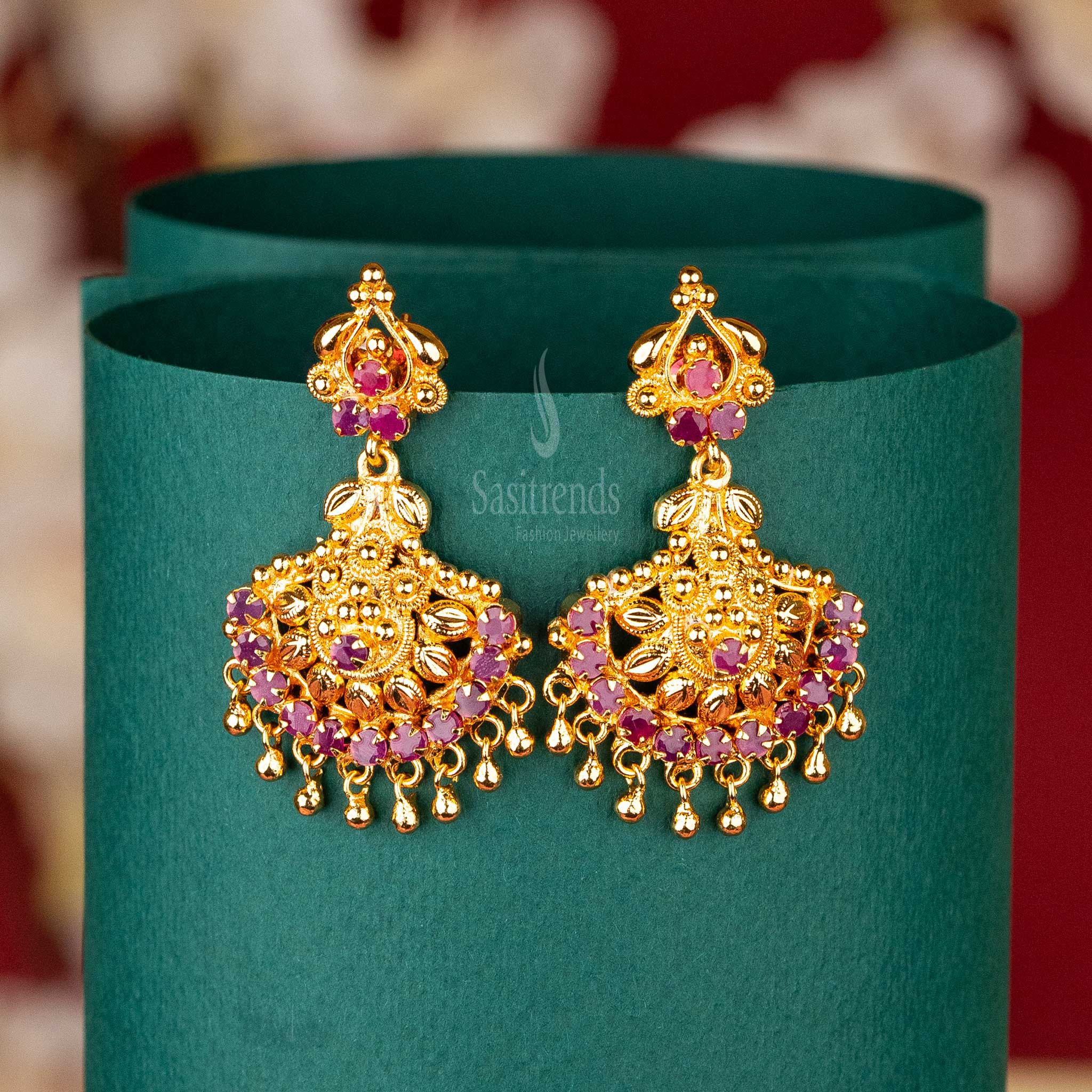 Floral Motif Earrings in Ruby with AD Stones, One Gram Micro Gold Plated, Traditional Jewellery