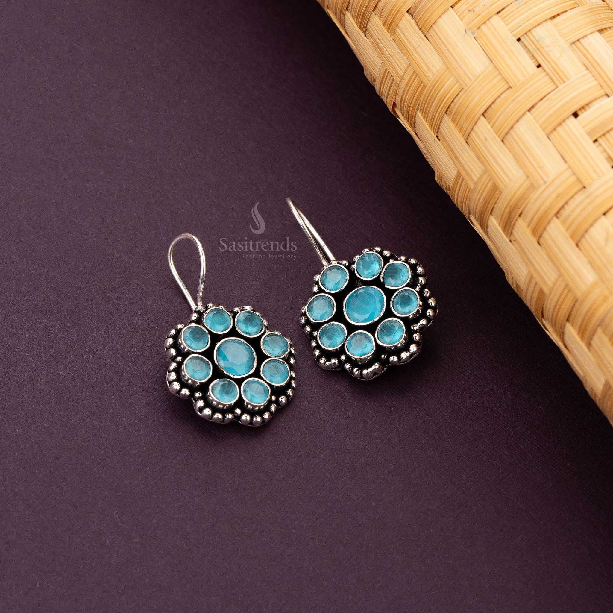 Floral pattern sky blue oxidised fish hook natural stone stud earrings sasitrends