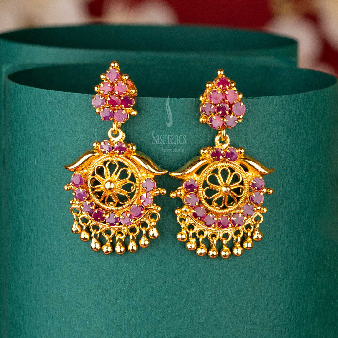 Guaranteed Floral Wheel Design Ruby Earrings with AD Stones