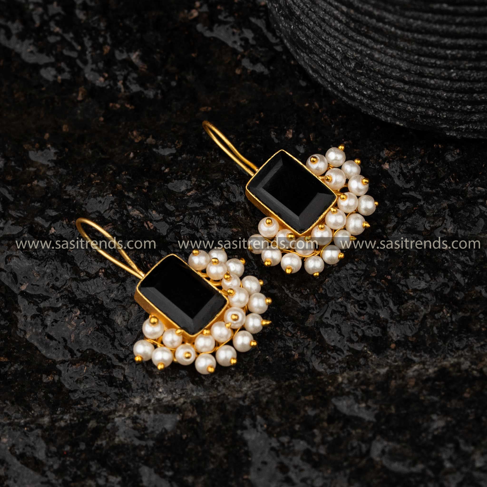 Gold Plated Black Monalisa Stone Fish Hook Earrings Casual Wear