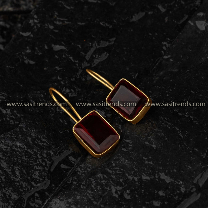 Gold Plated Maroon Monalisa Stone Stud Fish Hook Earrings Sasitrends Online Shopping