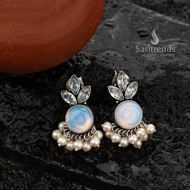 Elegant oxidised silver earrings with Ocean blue gemstone and pearl clusters - Sasitrends