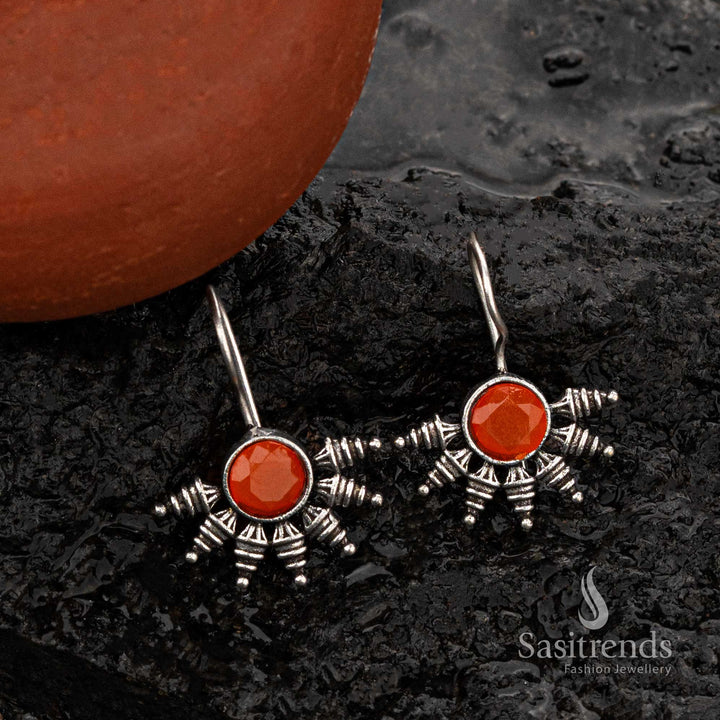 Oxidised silver earrings with rich Brown stone and detailed design - Sasitrends