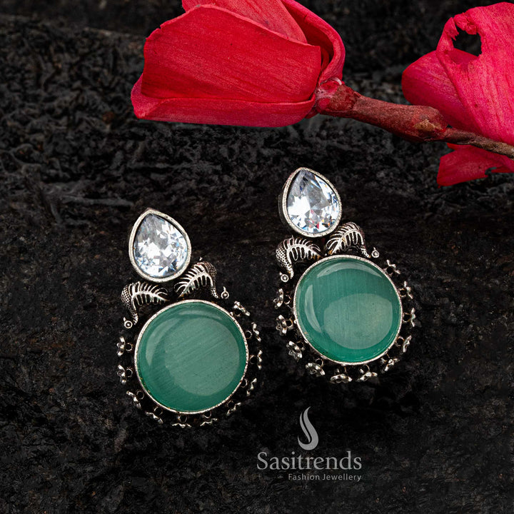 Mint Monalisa stone oxidised silver earrings with CZ charm - Sasitrends





