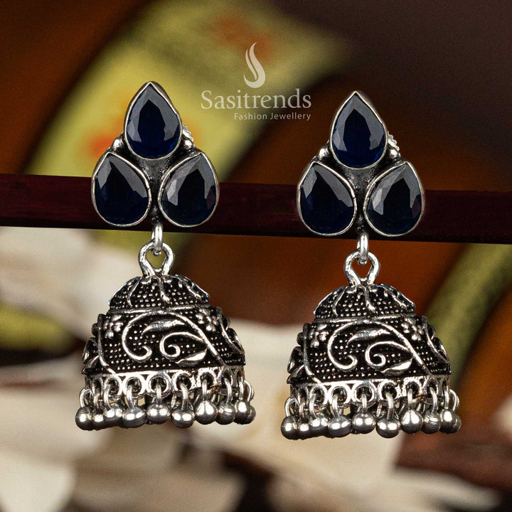 Elegant blue oxidised jhumka with waterdrop stones in floral leaf pattern and bead fringe - Sasitrends