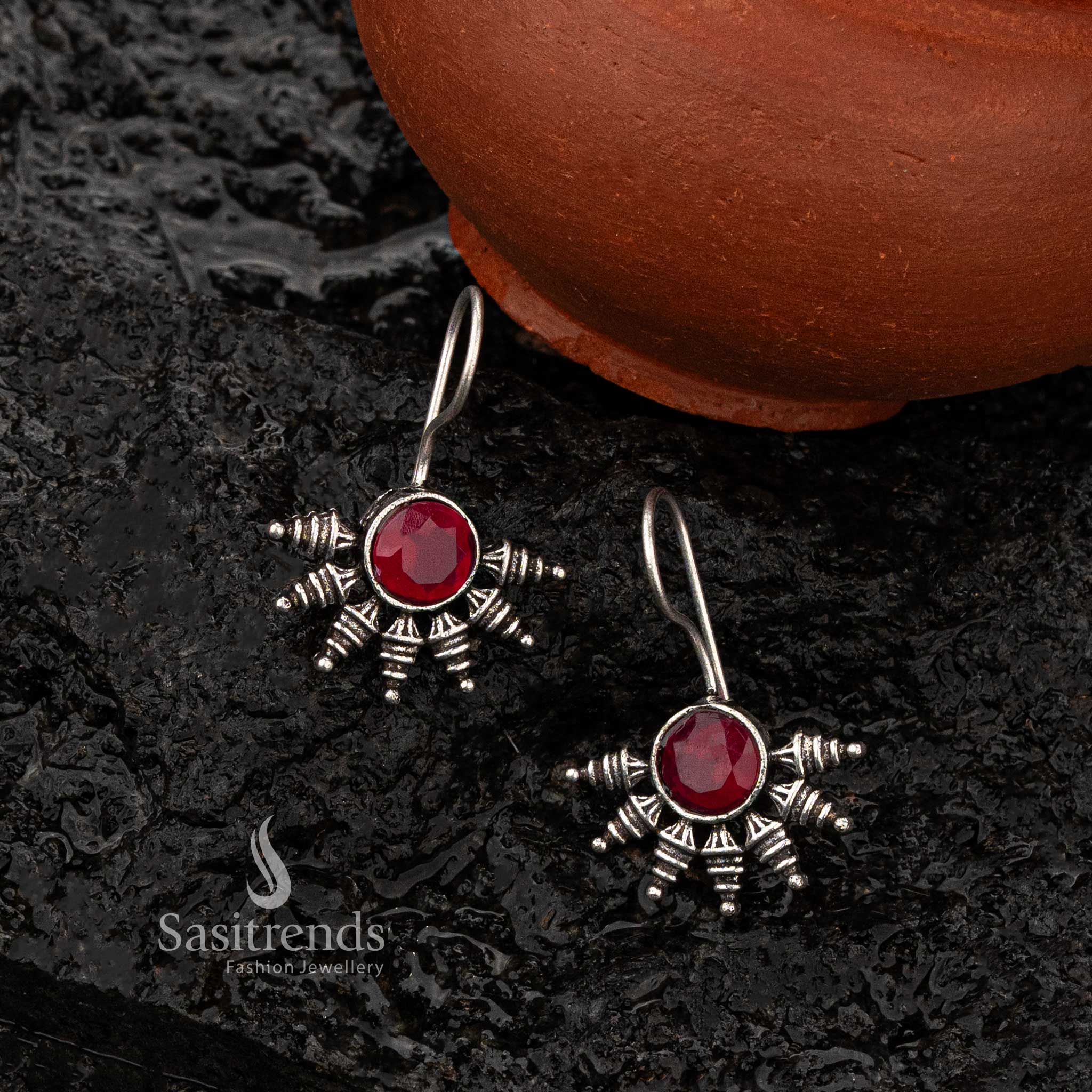  Ruby oxidised silver earrings with traditional stone setting - Sasitrends