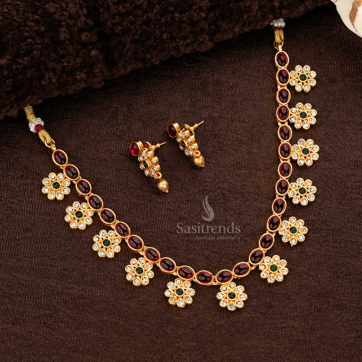 Stunning Classic Matte Gold Plated Necklace Jewellery Set with Floral and Oval Motifs - Sasitrends