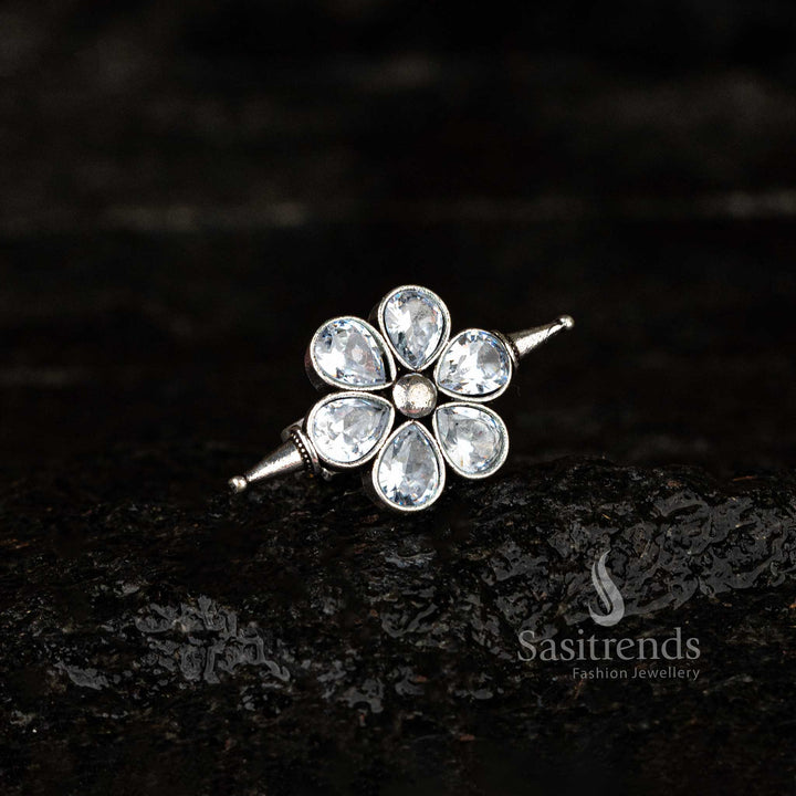 White stone oxidised adjustable floral ring with intricate detailing - Sasitrends