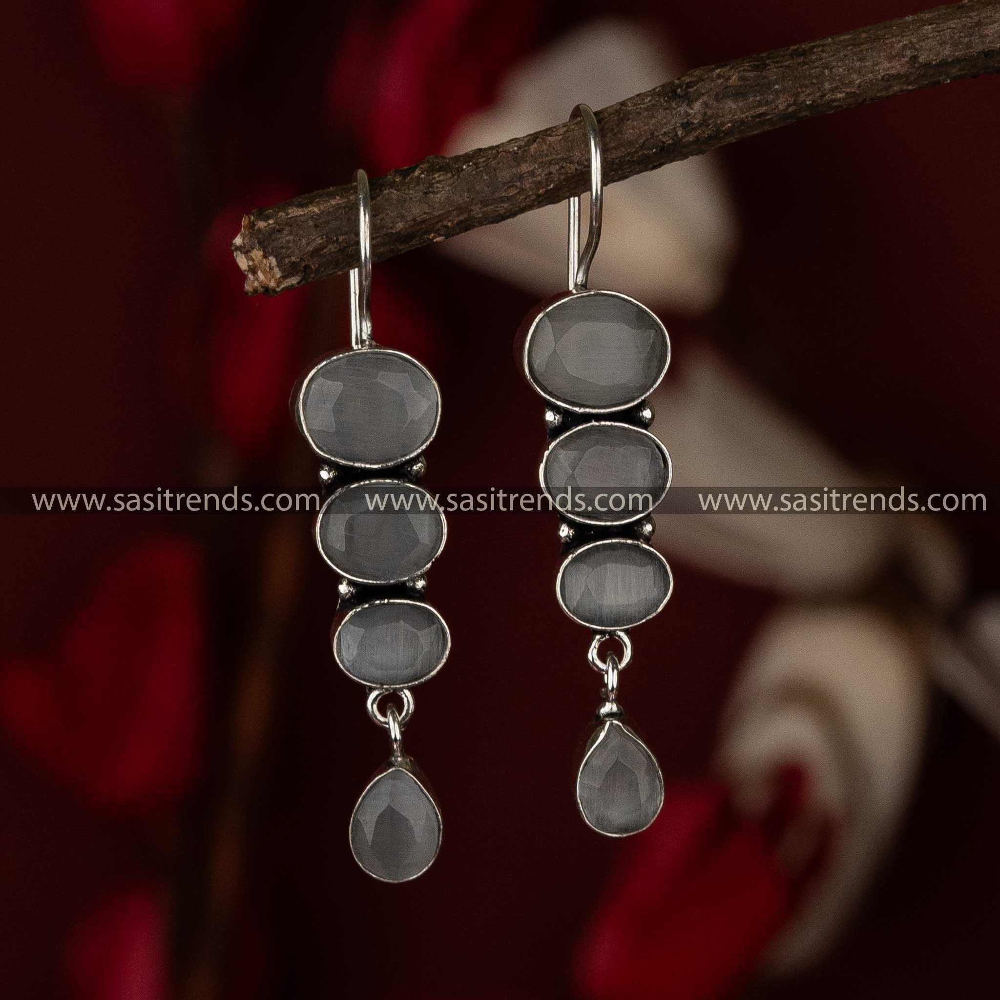 Gray Stone Trendy Oxidised Navarathiri Special Celebrations Fish Hook Earrings Sasitrends Online Shopping