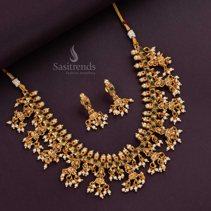 Matte gold plated temple necklace with Green stones and intricate pearls - Sasitrends