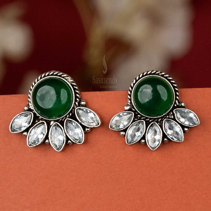 Trendy oxidised silver earrings with green cabochon stone and AD stones