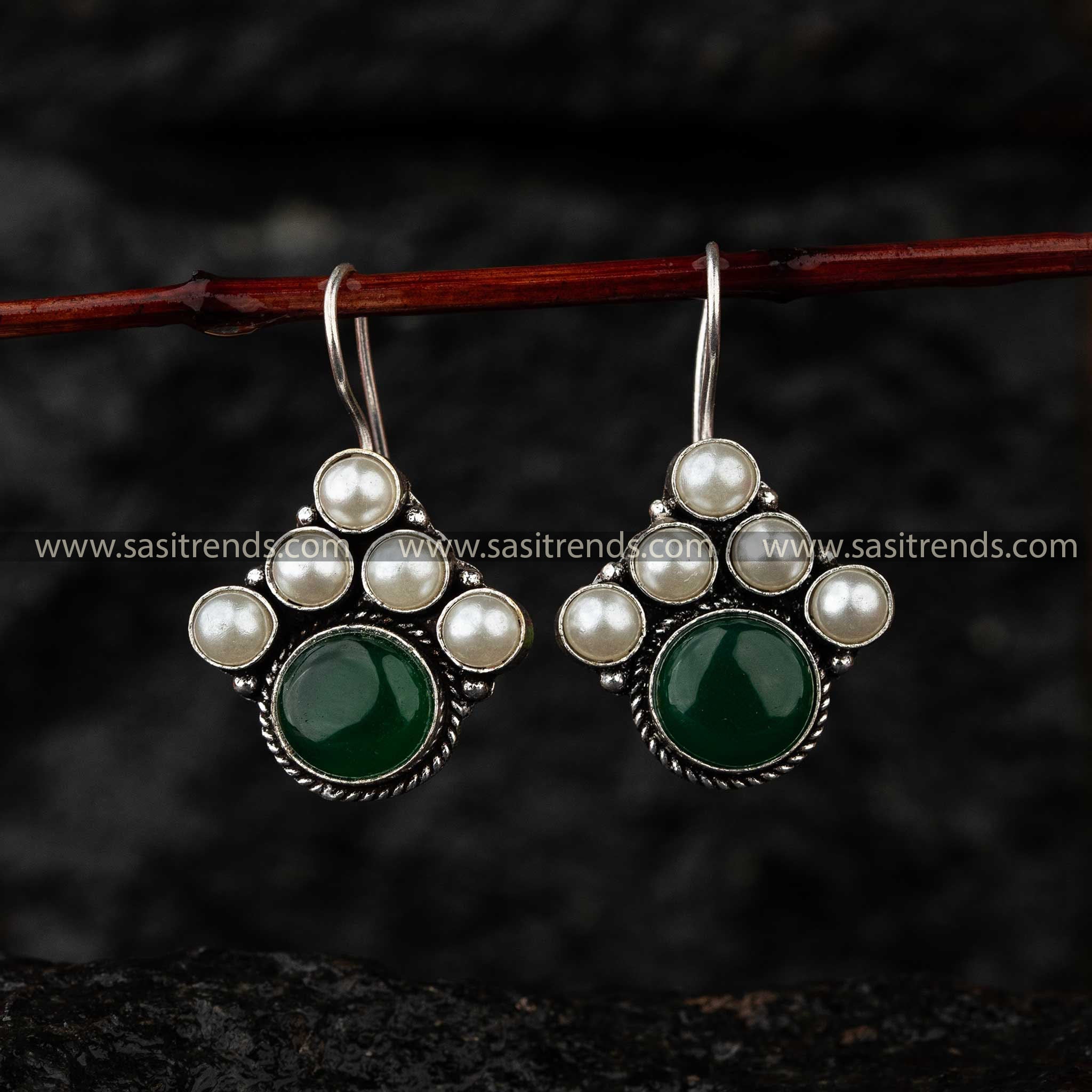 Green Monalisa Stone Oxidised Earrings Ideal for Fashion-Forward Festive Wear