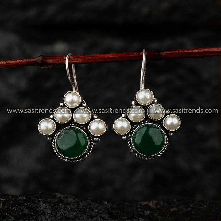 Green Monalisa Stone Oxidised Earrings Ideal for Fashion-Forward Festive Wear