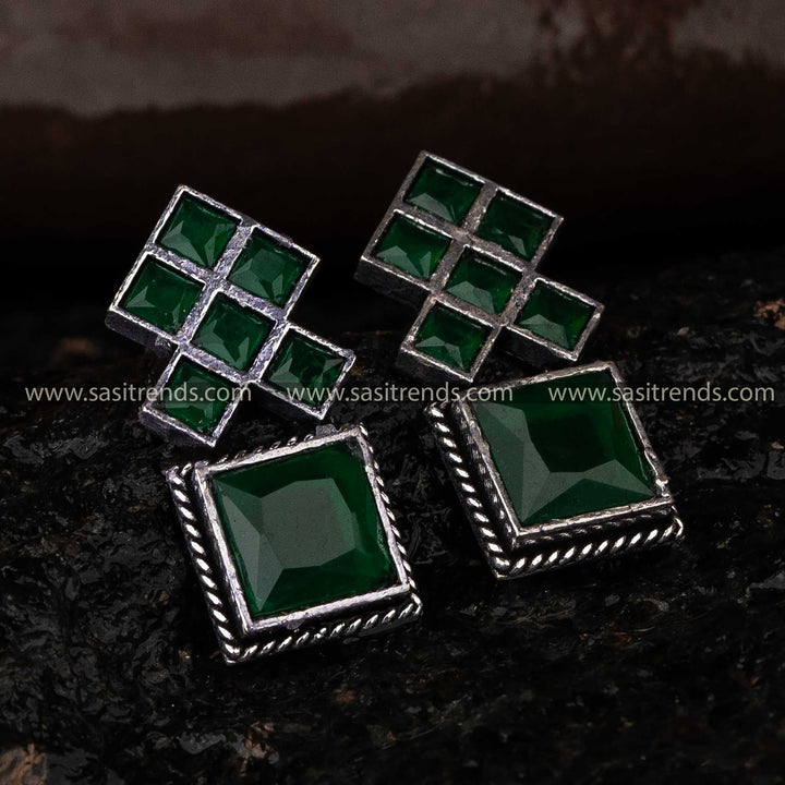 Green Oxidised Square Stone Earrings Sasitrends Online Shopping