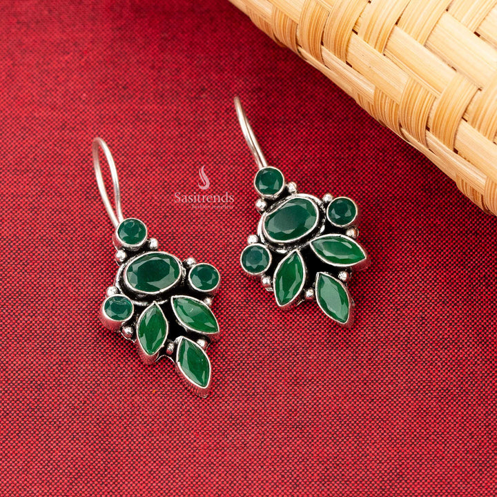 Oxidised Silver Earrings with Green Stones in a Stylish Leaf Motif