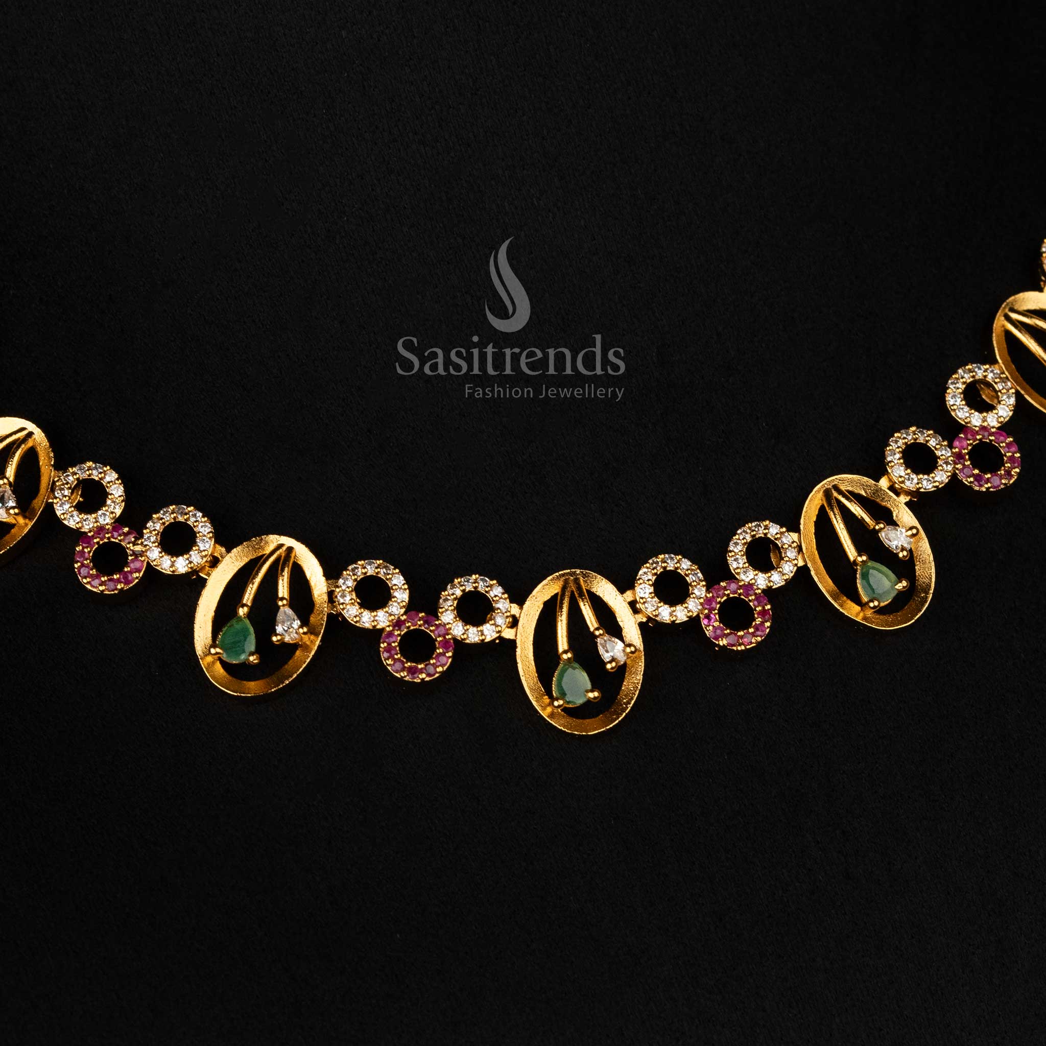 American diamond necklace with intricate oval and circle design for festive and party wear - Sasitrends