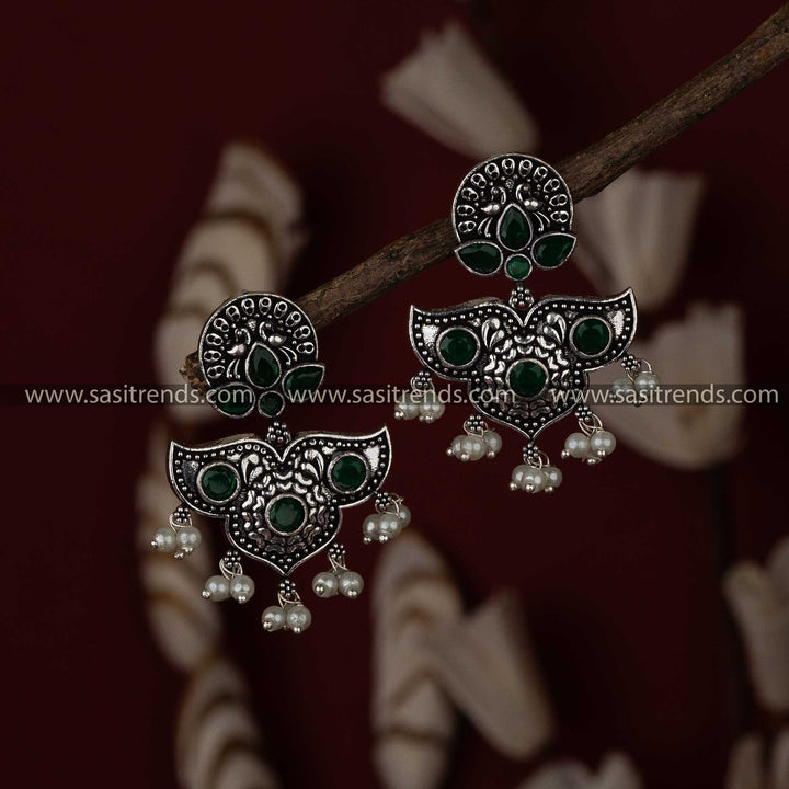 Green Stone Pearl Oxidised Navarathiri Earrings Sasitrends Online Shopping