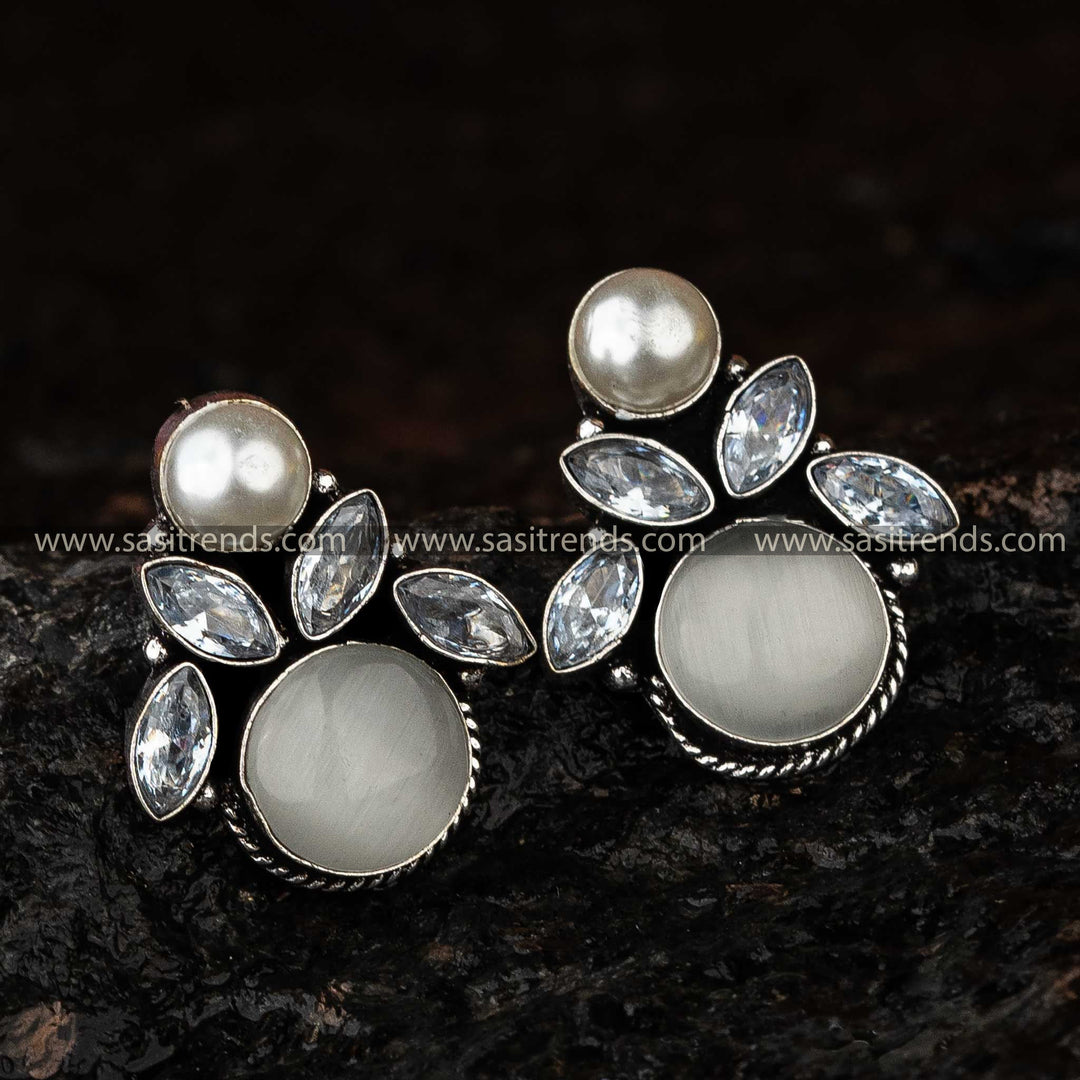 Grey Monalisa Stone Oxidised Earrings, Ideal for Fashionable Festive Wear