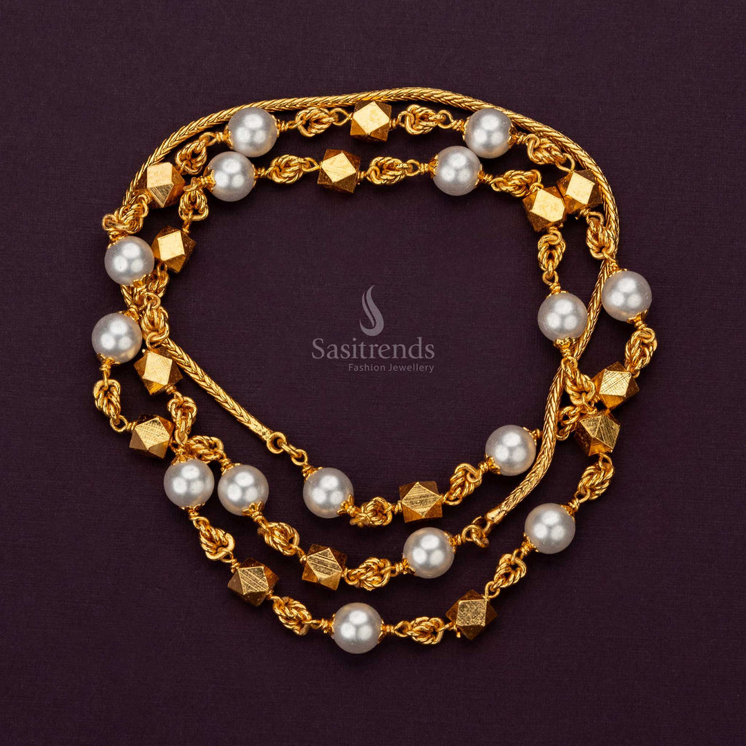 Traditional Micro Gold Plated Pearl Mala Chain showcasing diamond patterns - Sasitrends