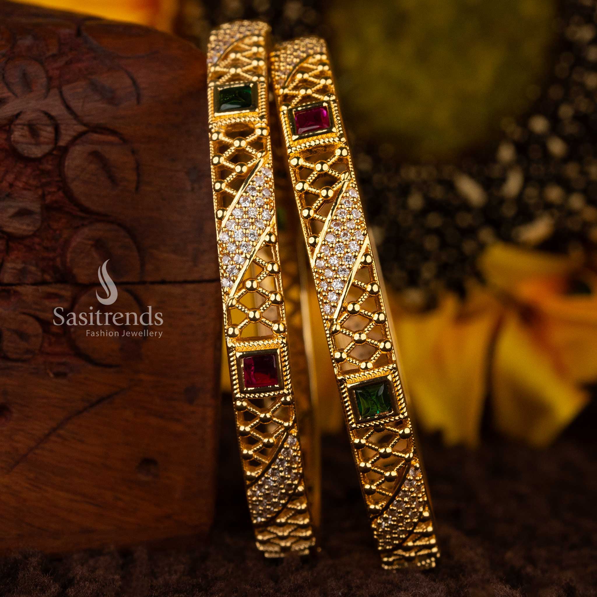 Guaranteed American Diamond bangles with ruby and green square stones and lattice pattern - Sasitrends





