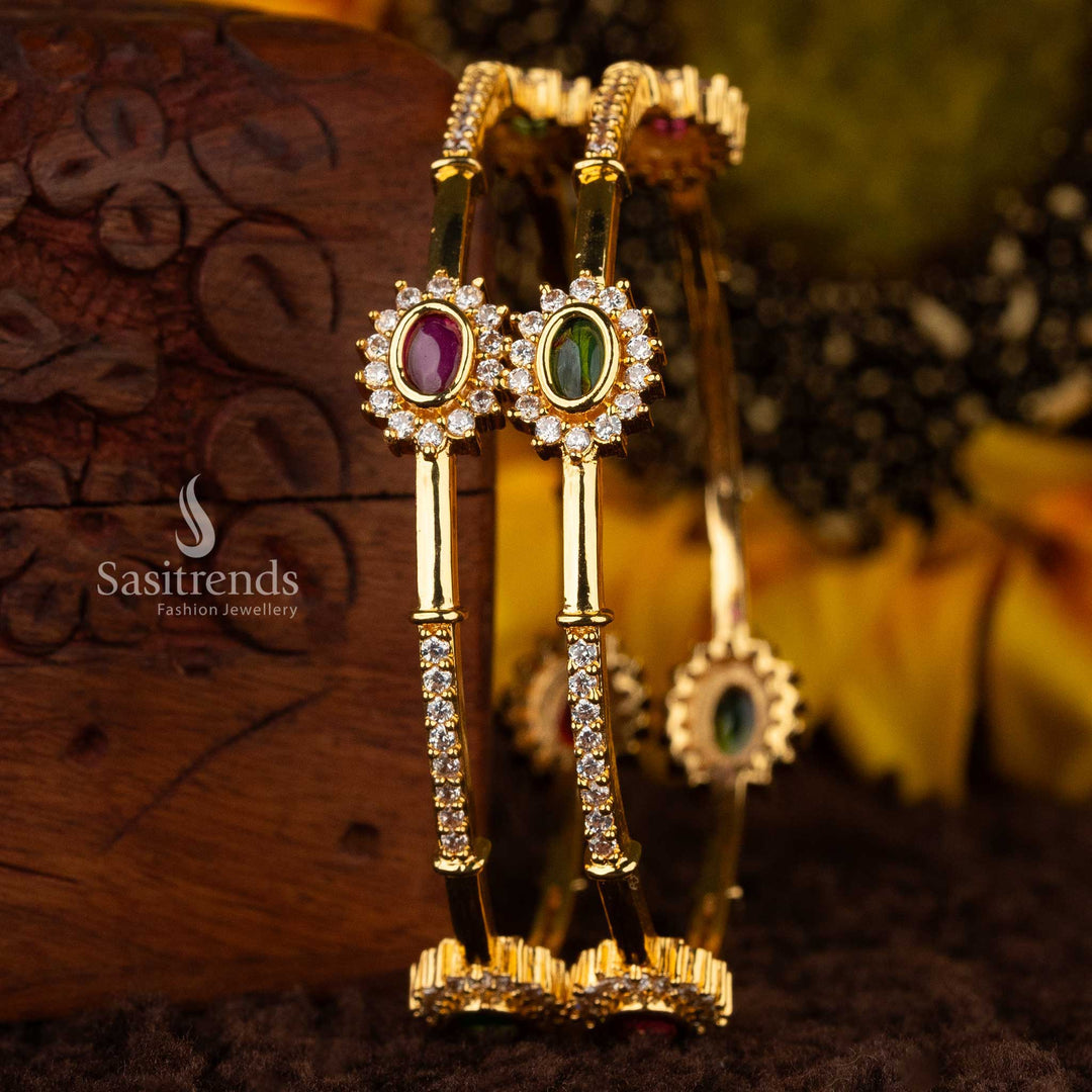 Premium micro gold plated American Diamond bangles with ruby and green stones for weddings - Sasitrends