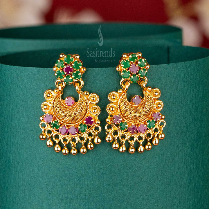 Guaranteed Gold Plated Crescent Dangle Earrings with Ruby and Green Stones