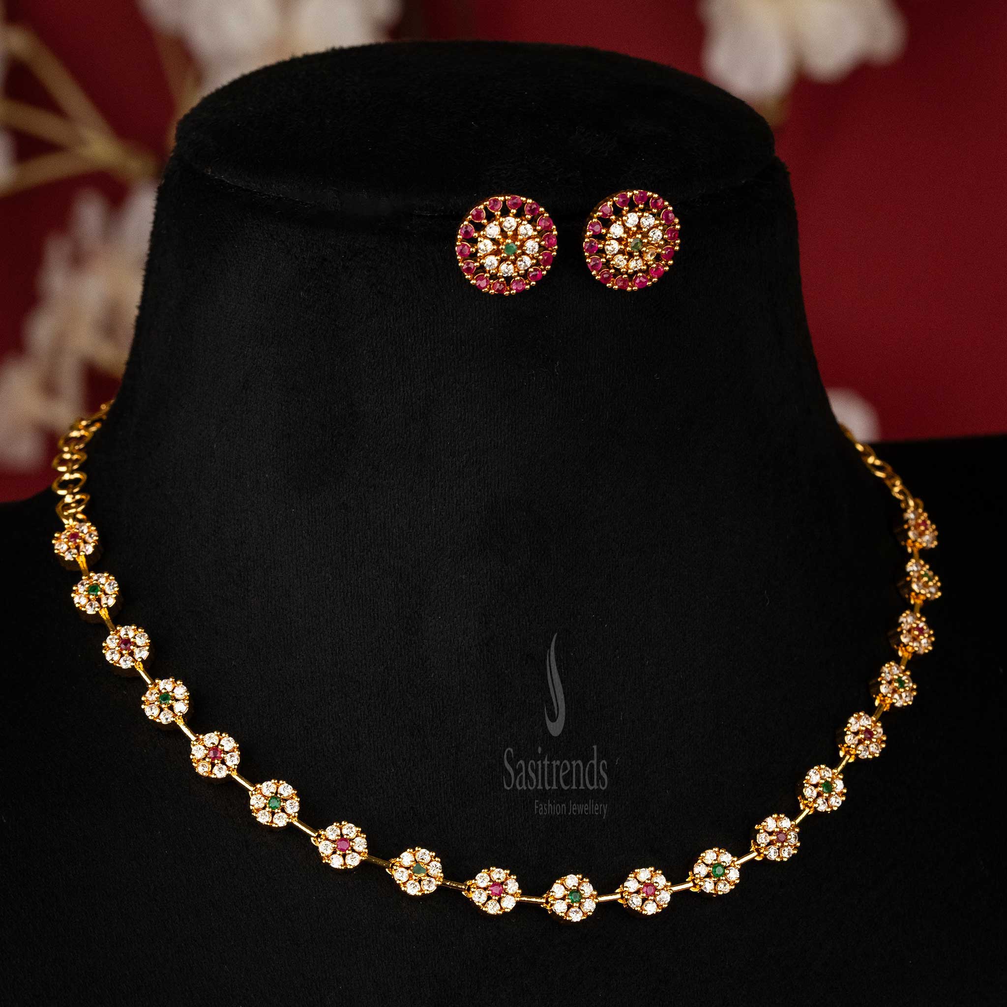 Multi-Color Floral Jewellery Set with American Diamonds and Micro Gold Plating